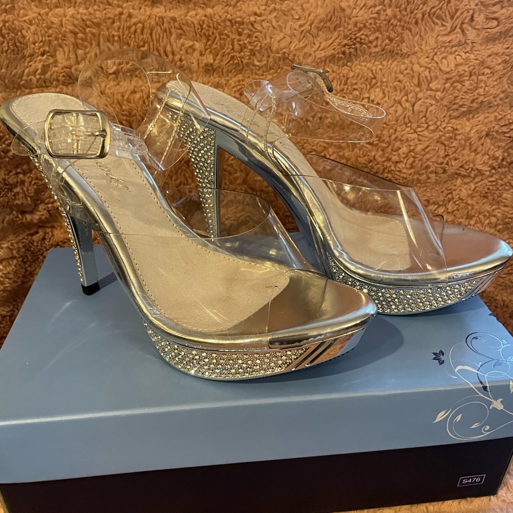 Clear Strap Gold Platform Heels with Rhinestone Accents